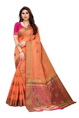 Peach woven cotton silk saree with blouse 1
