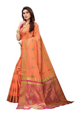 Peach woven cotton silk saree with blouse 2