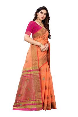 Peach woven cotton silk saree with blouse 3