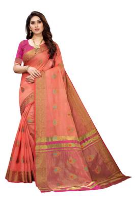Pink woven cotton silk saree with blouse 1