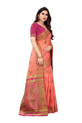 Pink woven cotton silk saree with blouse 3