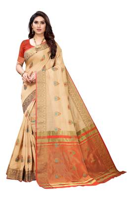 Beige woven cotton silk saree with blouse 1