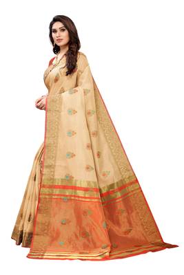 Beige woven cotton silk saree with blouse 2