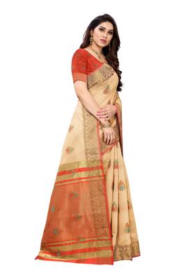 Beige woven cotton silk saree with blouse 3