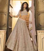 Peach zarkan, swarovski, thread, dori, sequins, embroidered organza Semi Stitched Lehenga