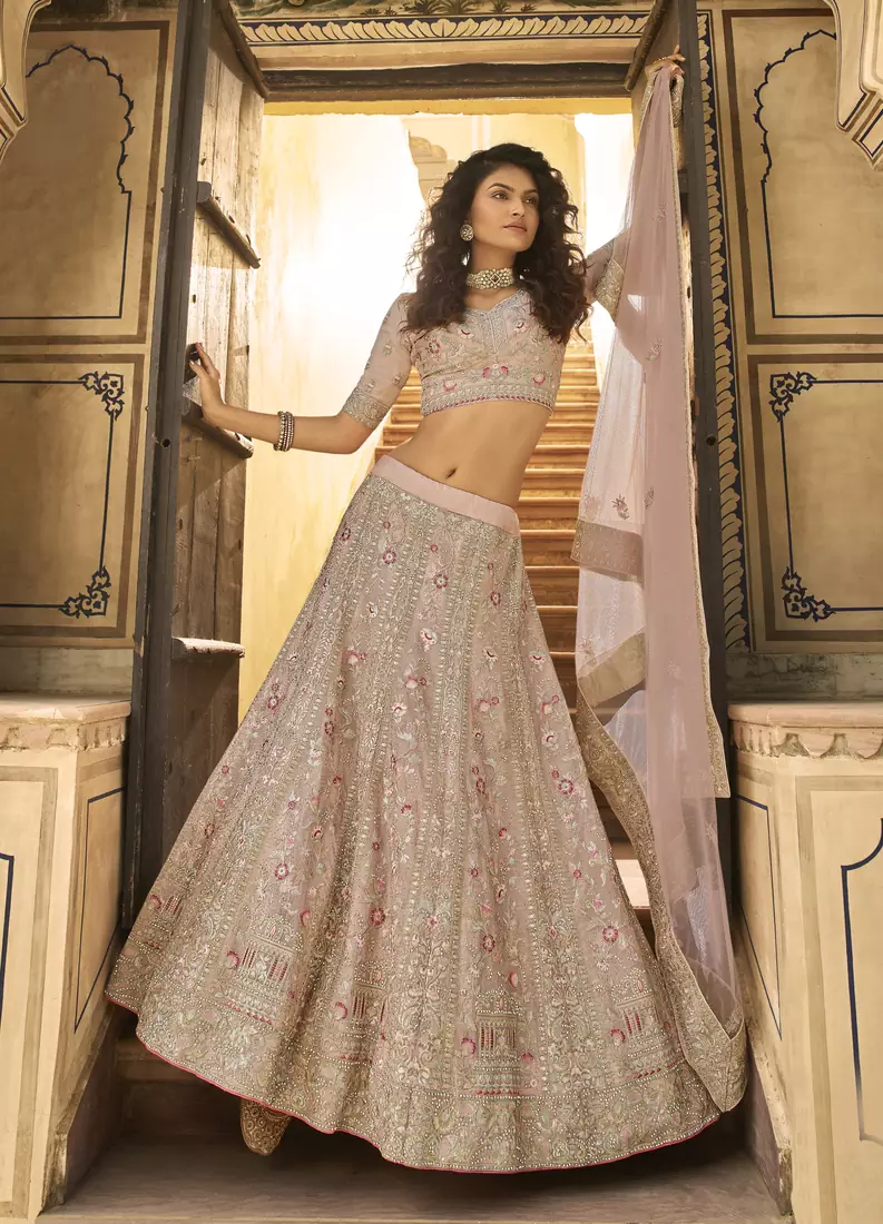 Peach thread embroidered organza semi stitched lehenga