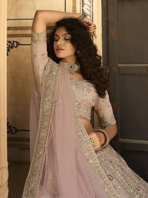 Peach zarkan, swarovski, thread, dori, sequins, embroidered organza Semi Stitched Lehenga 2
