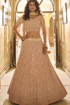 Peach thread embroidered crepe semi stitched lehenga