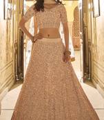 Peach zari, dori, thread, zarkan, embroidered crepe Semi Stitched Lehenga