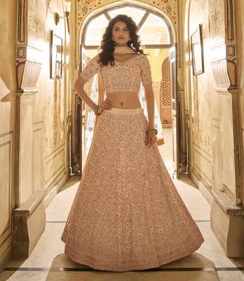 Peach zari, dori, thread, zarkan, embroidered crepe Semi Stitched Lehenga 3