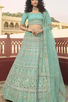 Turquoise resham embroidered organza semi stitched lehenga