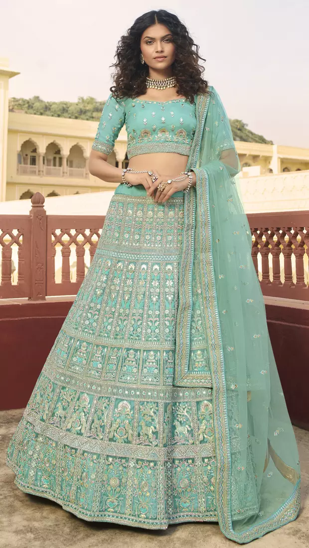 Turquoise resham embroidered organza semi stitched lehenga