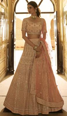 Peach zari, gota and thread embroidered crepe silk semi stitched lehenga 1