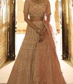Peach zari, gota and thread embroidered crepe silk semi stitched lehenga