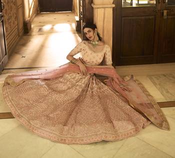 Peach zari, gota and thread embroidered crepe silk semi stitched lehenga 3