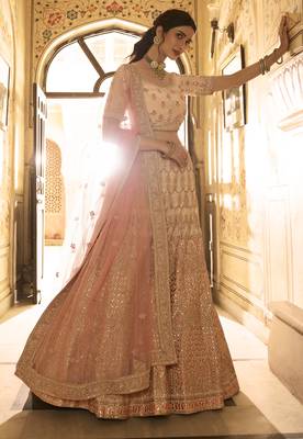 Peach zari, gota and thread embroidered crepe silk semi stitched lehenga 4