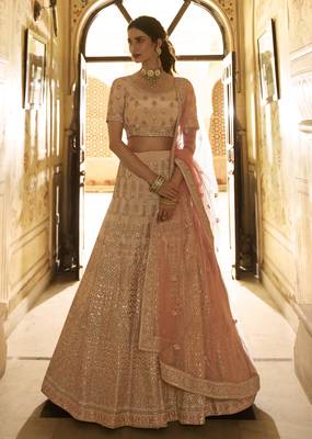 Peach zari, gota and thread embroidered crepe silk semi stitched lehenga 5