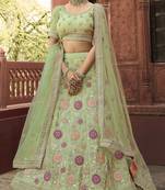 Pista green zarkan, dori, velvet pasting, and thread embroidered organza semi stitched lehenga