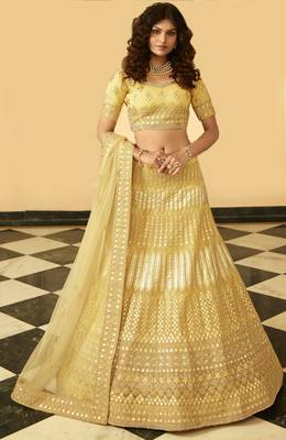 Yellow thread, zari, gota, zarkan, embroidered organza Semi Stitched Lehenga 1
