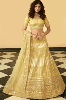 Yellow thread embroidered organza semi stitched lehenga