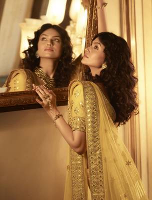 Yellow thread, zari, gota, zarkan, embroidered organza Semi Stitched Lehenga 2