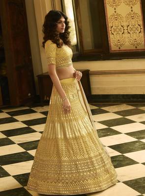 Yellow thread, zari, gota, zarkan, embroidered organza Semi Stitched Lehenga 4