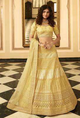 Yellow thread, zari, gota, zarkan, embroidered organza Semi Stitched Lehenga 5