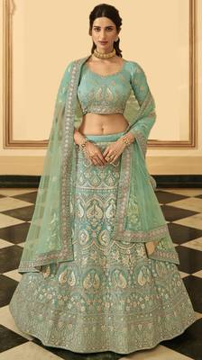 Turquoise sequins, resham, zari, dori, zarkan, gota, embroidered organza Semi Stitched Lehenga 1