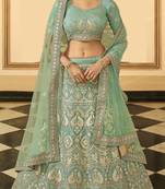 Turquoise sequins, resham, zari, dori, zarkan, gota, embroidered organza Semi Stitched Lehenga