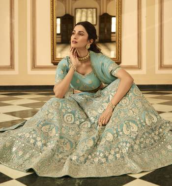 Turquoise sequins, resham, zari, dori, zarkan, gota, embroidered organza Semi Stitched Lehenga 2
