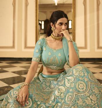 Turquoise sequins, resham, zari, dori, zarkan, gota, embroidered organza Semi Stitched Lehenga 3