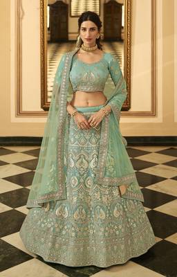 Turquoise sequins, resham, zari, dori, zarkan, gota, embroidered organza Semi Stitched Lehenga 4