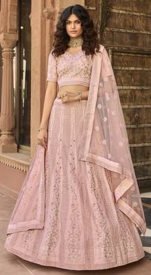 Baby pink thread, zari, sequins, embroidered organza Semi Stitched Lehenga 1