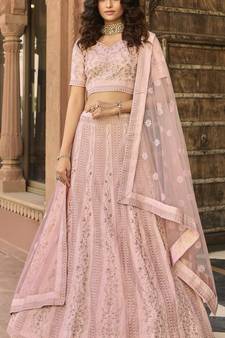 Baby pink thread embroidered organza semi stitched lehenga