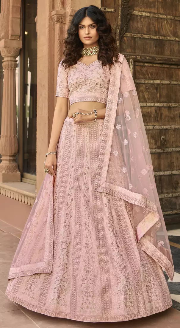 Baby pink thread embroidered organza semi stitched lehenga