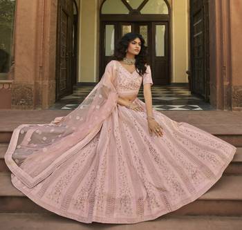 Baby pink thread, zari, sequins, embroidered organza Semi Stitched Lehenga 2