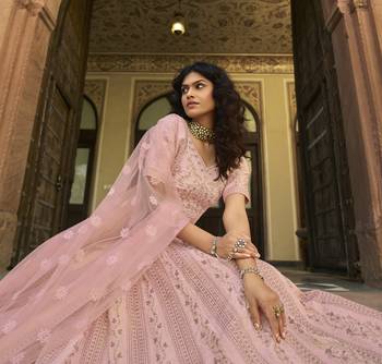 Baby pink thread, zari, sequins, embroidered organza Semi Stitched Lehenga 3