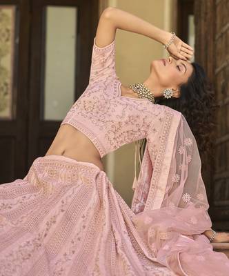 Baby pink thread, zari, sequins, embroidered organza Semi Stitched Lehenga 4