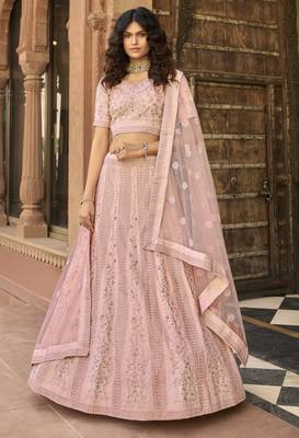 Baby pink thread, zari, sequins, embroidered organza Semi Stitched Lehenga 5