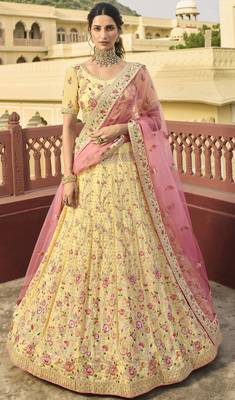 Yellow dori, swarovski, thread, zarkan, zari, embroidered organza semi stitched lehenga 1