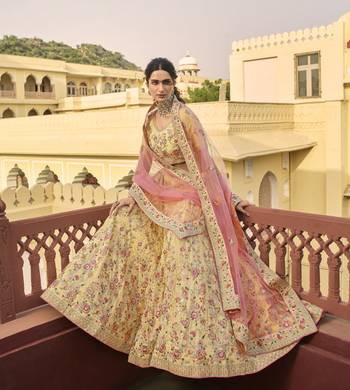 Yellow dori, swarovski, thread, zarkan, zari, embroidered organza semi stitched lehenga 2