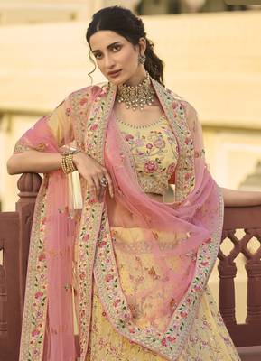 Yellow dori, swarovski, thread, zarkan, zari, embroidered organza semi stitched lehenga 3