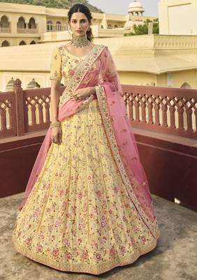 Yellow dori, swarovski, thread, zarkan, zari, embroidered organza semi stitched lehenga 5
