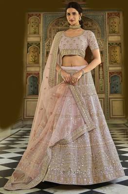 Pink sequins, dori, zarkan, zari, thread, embroidered organza semi stitched lehenga 1