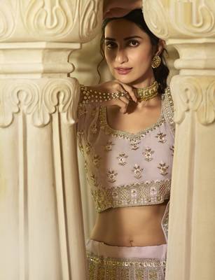 Pink sequins, dori, zarkan, zari, thread, embroidered organza semi stitched lehenga 3