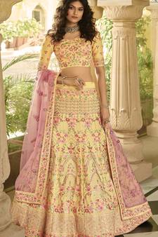 Yellow sequins embroidered art silk semi stitched lehenga