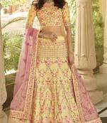 Yellow sequins, zari, swarovski, zarkan, embroidered art Silk Semi Stitched Lehenga