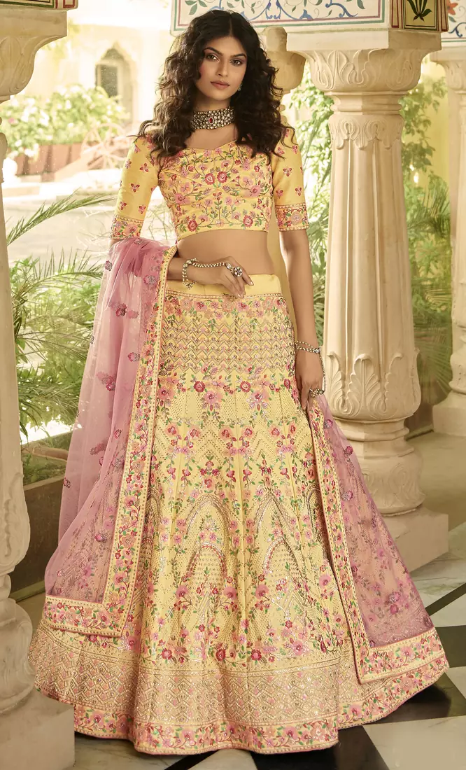 Yellow sequins embroidered art silk semi stitched lehenga
