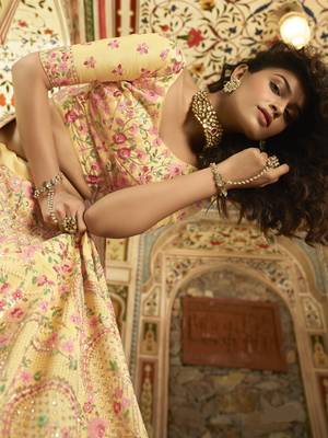 Yellow sequins, zari, swarovski, zarkan, embroidered art Silk Semi Stitched Lehenga 3