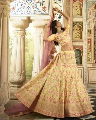 Yellow sequins, zari, swarovski, zarkan, embroidered art Silk Semi Stitched Lehenga 4